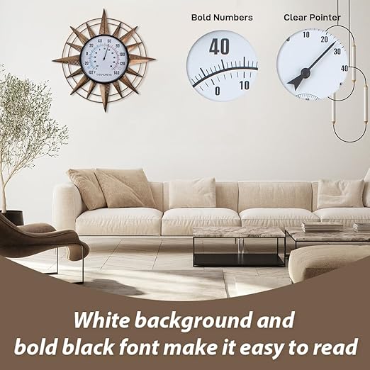 14'' Sun Outdoor Thermometer, Metal Wall-Mounted Thermometer No Need Battery, Indoor Decor for Patio Garden Living Room