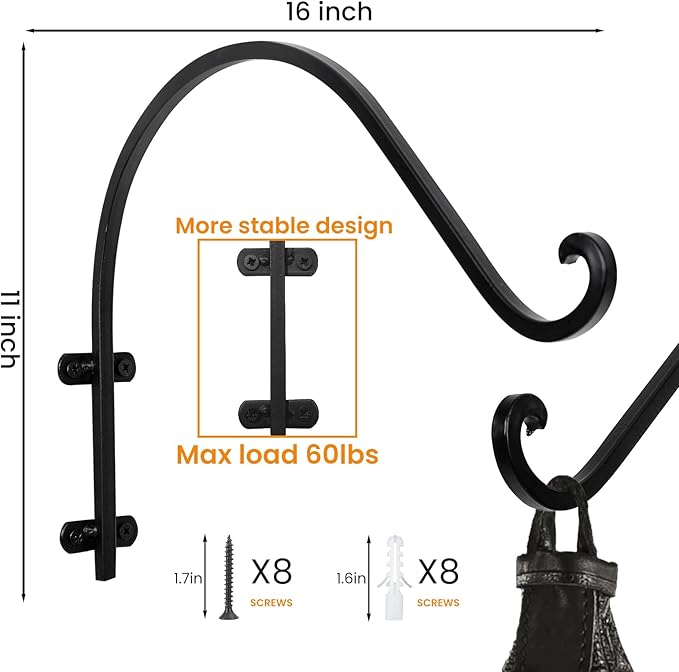 4 Pack Heavy Duty Hanging Plant Bracket,16 Inch Outdoor Plant Hangers,Black Wall Hanging Brackets for Flower Basket, Bird Feeders, Lanterns, and Wind Chimes