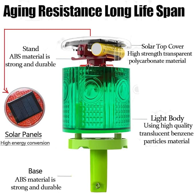 Solar Strobe Warning Light, Super Bright Single Column Solar Emergency Strobe Warning Light Flashing Barricade Safety Road Construction Traffic Flicker Beacon Lamp (Green)