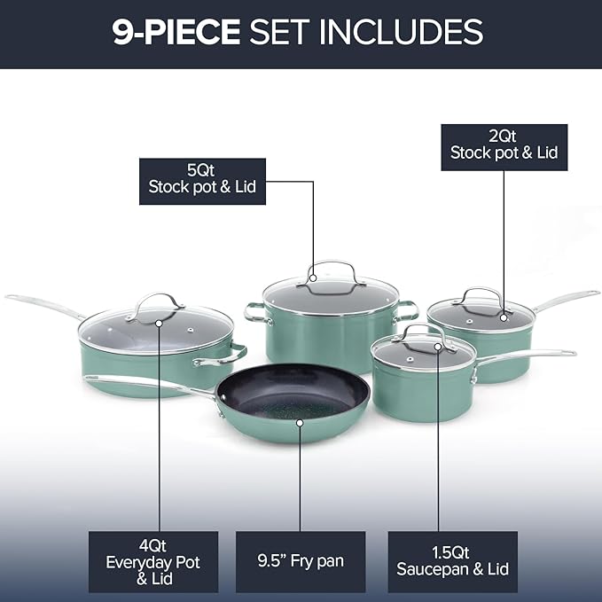Nuwave Healthy Duralon Blue Ceramic Nonstick Coated 9pc Cookware Set, Scratch-Resistant Diamond Infused, PFAS Free, Induction Ready & Evenly Heats, Oven Safe, Tempered Glass Lids