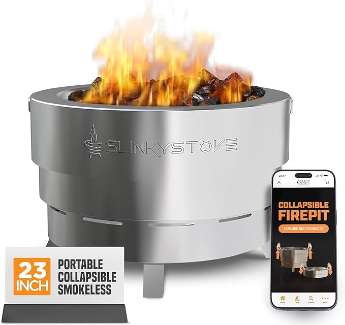 Smokeless Fire Pit for Outdoor Wood-Burning – Portable, Compact & Foldable Design for Camping, Bonfires, Tiny Cabin, Ventless Burn, Solo Pits, and Backyard Use – Stainless Steel, 23-Inch Slinky Stove