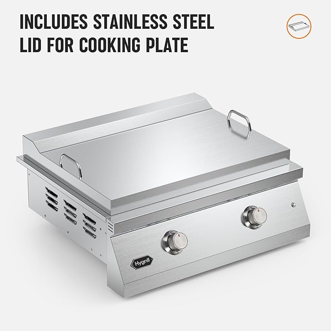 Hygrill 30-Inch Premium Built-In Natural Gas Griddle for Outdoor Kitchen, Durable 304 Stainless Steel 2-Burner Flat Top Grill with Lid and LED lights