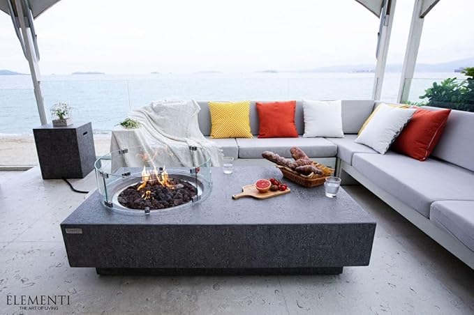 Elementi | Bundle Metropolis Gas Fire Pit Cast Concrete 56" Rectangular Fire Table, Outdoor Fire Pit Electronic Ignition | Canvas Cover, Lava Rock Included | Light Gray (Natural Gas)