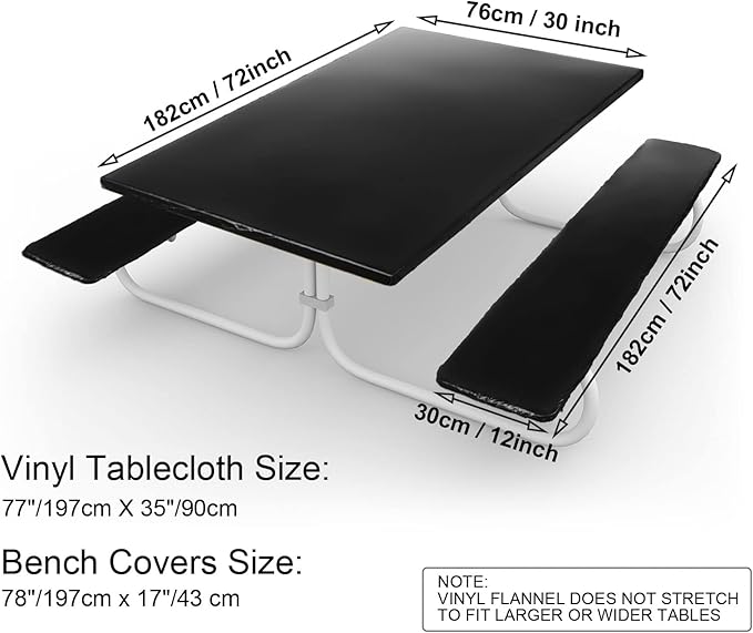 3 Pcs Picnic Table and Bench Fitted Tablecloth Cover for 6 Ft Table 30 x 72 Inch Vinyl Fitted Elastic Edges Waterproof Wipeable Tablecloth for Indoor Outdoor Travel Picnics Patio Camping (Black)