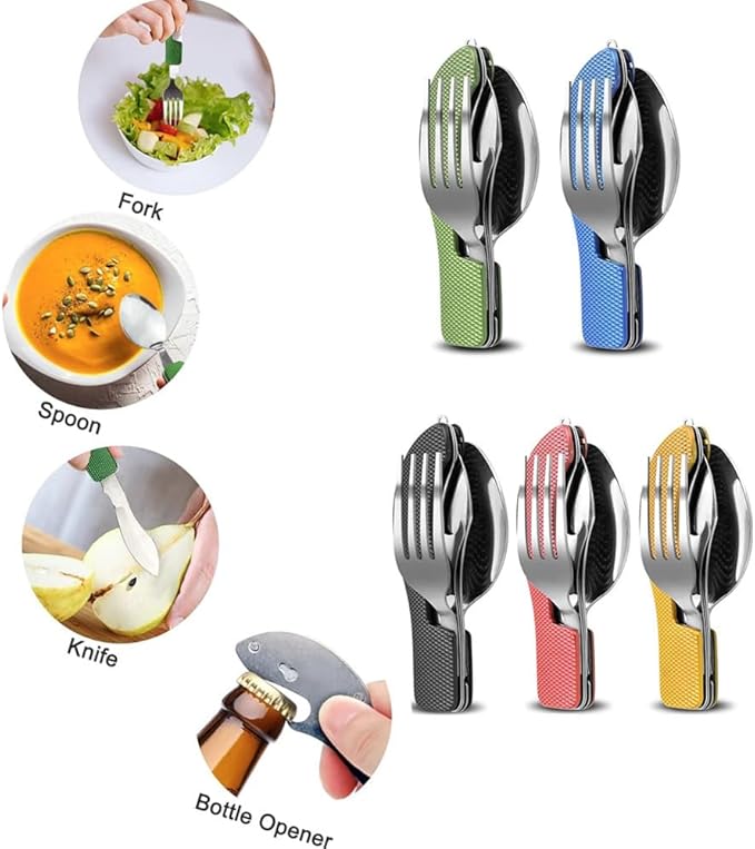4-in-1 Portable Foldable Utensil Set Compact Knife Fork Spoon Bottle Opener Kit Stainless Steel Utensils for Camping Hiking Travel (Black + Green)