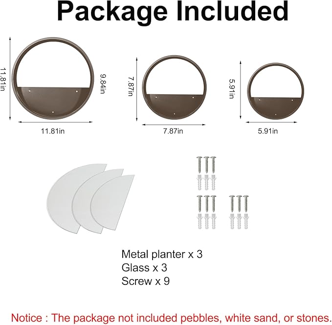 3 Pack Set Wall Planters,Modern Round Glass Wall Planter Succulent Planter Circle Iron Hanging Planter Vase for Herb,Small Cactus Perfect for Balcony, Room and Patio Decor (Coffee)