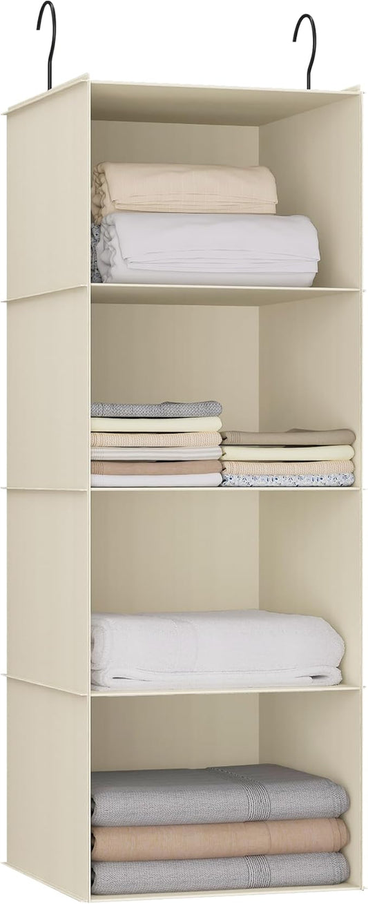 Hanging Closet Organizer, Easy Mount Foldable 4-Shelf Hanging Closet Wardrobe Storage Shelves, Clothes Handbag Shoes Accessories Storage, Washable Oxford Cloth Fabric, Beige