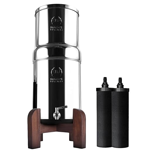 2.25 Gallon Water Filter AISI 304 Stainless Steel Gravity Fed Water Filter System, NSF Certified 2 Smart Carbon Filter Elements, Free Stainless Steel Water Spigot & Teak Wood Stand