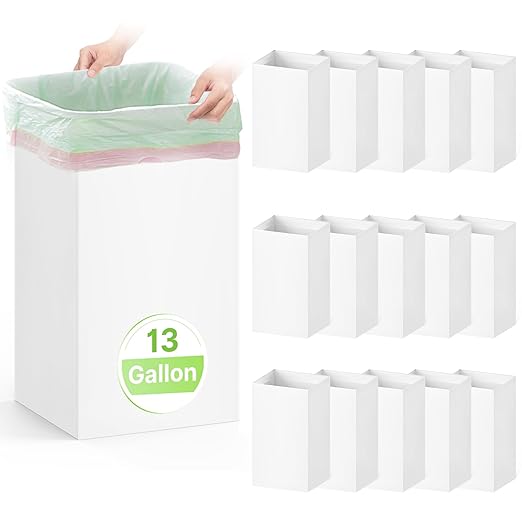 16 Pack Disposable Trash Cans for Parties, 13 Gallon Large Collapsible Garbage Cans, Thick Recycled Cardboard Reusable Recycling Bins for Party Events Camping (13" L x 10" W x 21" H), White