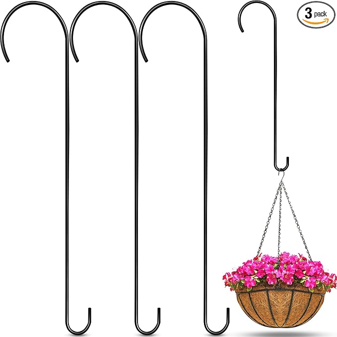3 Pack 24 Inch Large S Hooks for Hanging Plants Black Metal Plant Hanger Long Tree Hooks Plant Hooks Outdoor Hanging Hooks for Tree Branch, Bird Feeder, Basket, Lantern, Indoor Closet, Garden