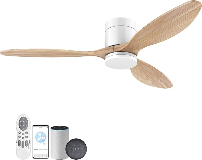 52" Smart Wood Ceiling Fans with Light and Remote,Low Profile Outdoor Indoor Ceiling Fan with Dimmable Light and Quiet DC Motor,Control with Alexa Google Voice App,for Modern Flush Mount Bedroom Patio