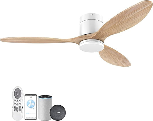 52" Smart Wood Ceiling Fans with Light and Remote,Low Profile Outdoor Indoor Ceiling Fan with Dimmable Light and Quiet DC Motor,Control with Alexa Google Voice App,for Modern Flush Mount Bedroom Patio