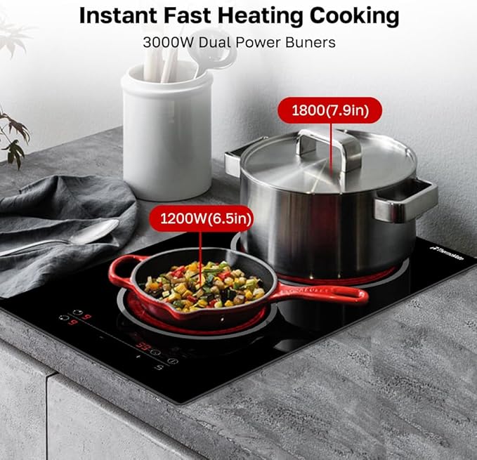 ThermoMate 2 Burners Electric Cooktop, 12 Inch Built in Electric Radiant Stove Top, 3200W Ceramic Glass Cooktop with Sensor Touch Control, 9 Heating Level, Chlid Lock & Timer, 220-240V Hard Wire