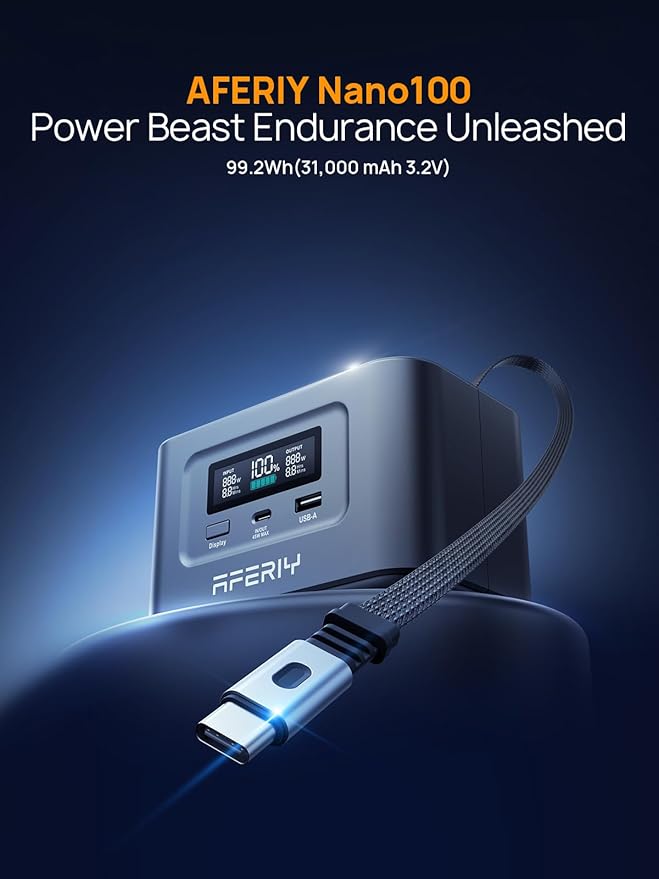 AFERIY 145W DC Portable Power Station w/ 100W PD Retractable USB-C Cable, 99.2Wh LiFePO4 Battery Dual Way 100W PD, Solar Generator,TSA Approved Portable Power Bank, 6 Protections for Camping Travel