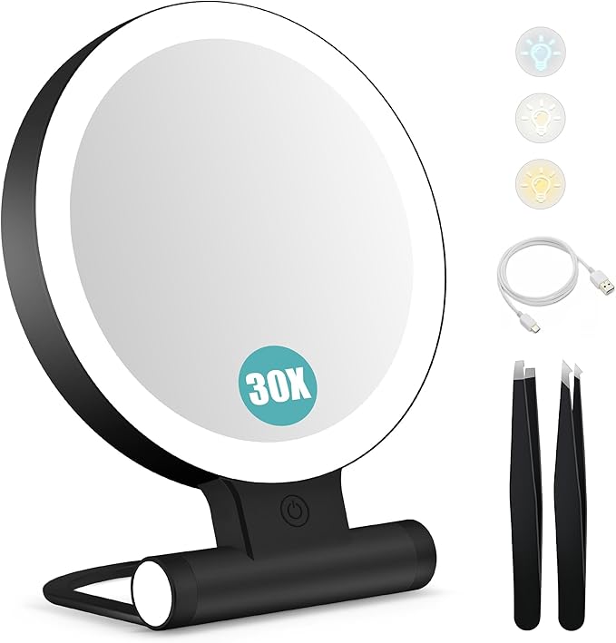 B Beauty Planet Magnifying Mirror with Light 30X, Double-Sided 1X/ 30X Magnifying Makeup Mirror with Tweezer, 2000mAh 3 Colour Modes with Adjustable Brightness,Foldable Compact Travel Mirror(Black)