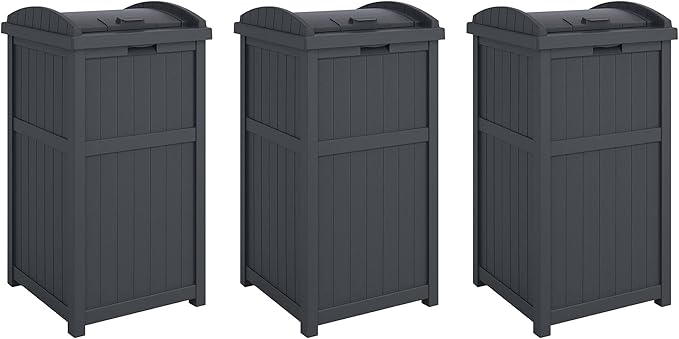 Suncast 3 Pack Trash Hideaway Refuse Container, Stylish Resin Outdoor Garbage Bin with Latching Lid, 30 to 33 Gallon Capacity, Cyberspace