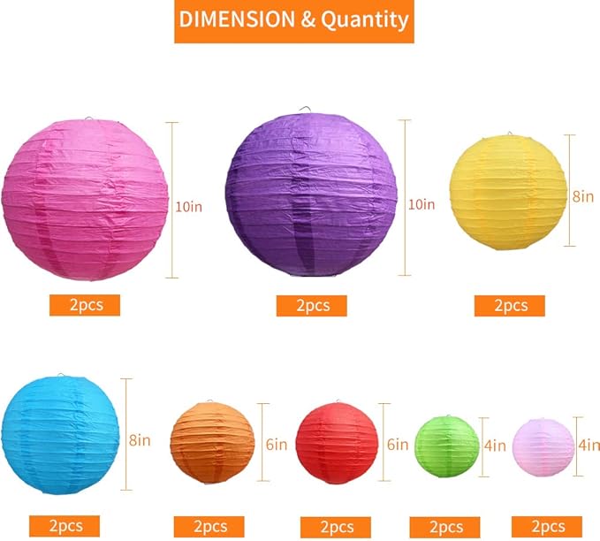BEISHIDA 16Pcs Colorful Paper Lanterns Multi-Color Chinese/Japanese Hanging Round Paper Lanterns for Wedding, Birthday, Baby Shower, Classroom,Party,Home Decoration(Size of 4?? 6?? 8?? 10??