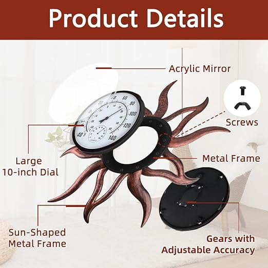 26'' Large Outdoor Thermometer, Premium Metal Sun Wall Thermometer Hygrometer No Need Battery, Decorative Indoor Outdoor Thermometer for Patio, Backyard, Garden, Living Room (Retro)