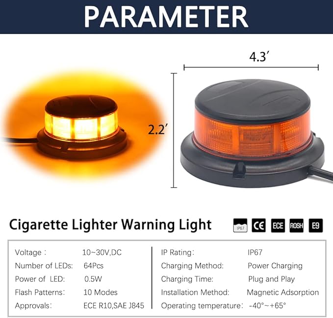 4.3inchs 64LEDs Rotating Beacon Light, 12-24V Small Emergency Lights for Vehicles, Amber Magnetic Strobe Lights for Trucks, 10 Modes Safety Warning Lights for Trucks Vehicles Cars