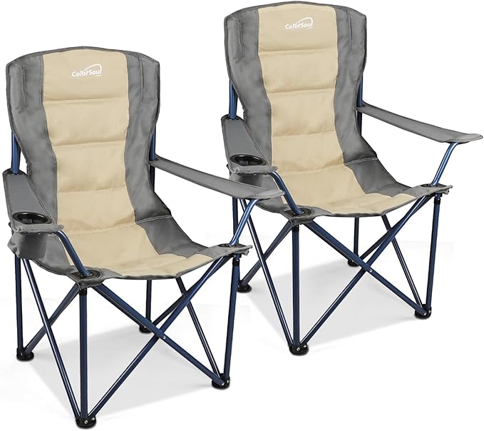 Colorsoul 2 Pack Folding Camping Chairs, Outdoor Lawn Chair Set of 2, Padded Camping Chairs w/Cup Holder & Carry Bag for Sports Garden Beach Terrace, American Flag