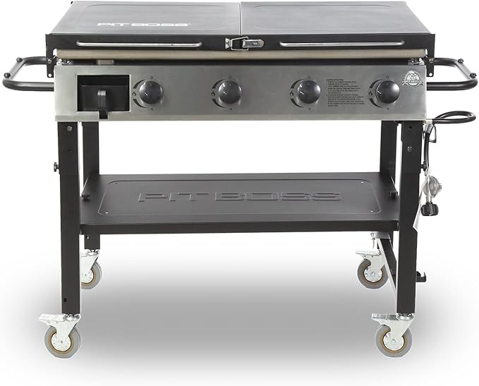 Pit Boss PB757GD Four Burner LP Fold Over Side Shelves 36" Gas Flat Top Griddle with Fitted Cover, 4 Deluxe, BLACK