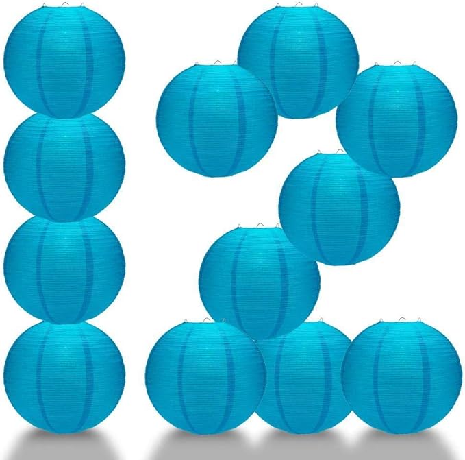Paperlanternstore.com 12 Pack - 12 Inch Turquoise Blue Fine Line Premium Even Ribbing Paper Lantern, Extra Sturdy