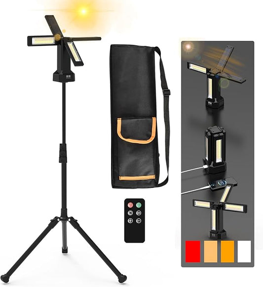13200mAh Rechargeable Solar Work Light with Folding Stand and Carrying Bag, AODOO 8000 Lumen Cordless Camping Light, White/Warm/Nature White/RED(SOS) with Detachable Tripod