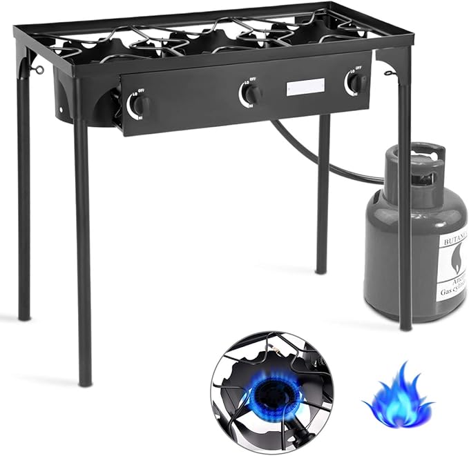 Happygrill Camping Stove Outdoor, High Pressure 3 Burner Propane Gas Camp Stove w/Detachable Legs, 225,000-BTU Output, 0-20 PSI Regulator, Portable Camping Burner Picnic Cookout