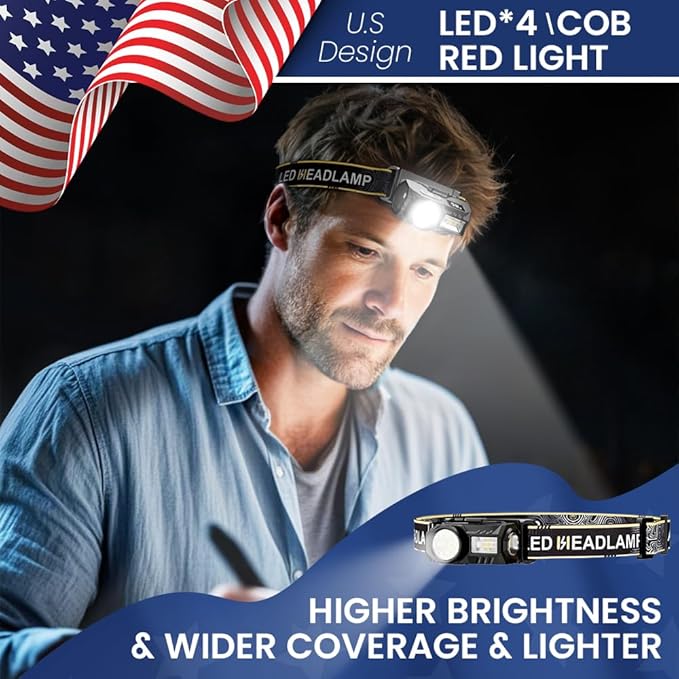 LED Headlamp Rechargeable with Motion Sensor - Super Bright Head Lamp with 6 Modes for Camping & Hiking Gear Essentials, IPX4 Waterproof Headlight Flashlight with Red Light, USB Cable Included(Black)