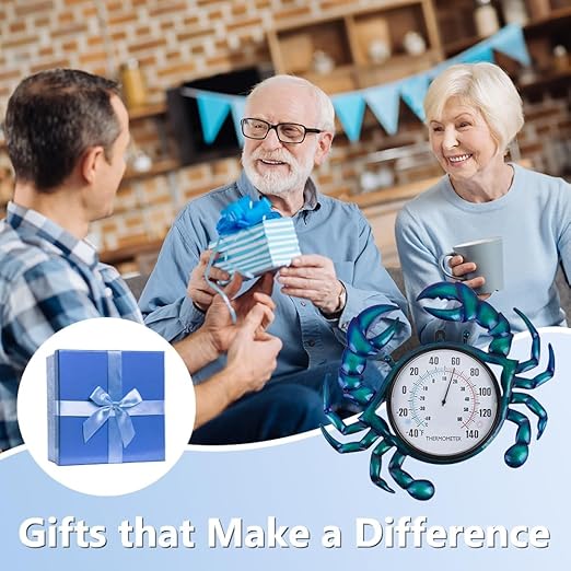 14" Crab Shape Outdoor Thermometer, Indoor Thermometer No Need Battery, Metal Wall Thermometer Easy to Read for Patio Garden Living Room Decor