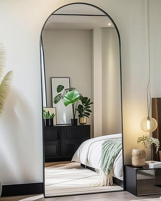 Arched Full Length Mirror, 71"x26" Oversized Floor Mirror, Modern Black Aluminum Frame, Wall Mount/Floor Mount, Rectangular, Bedroom/Living Room