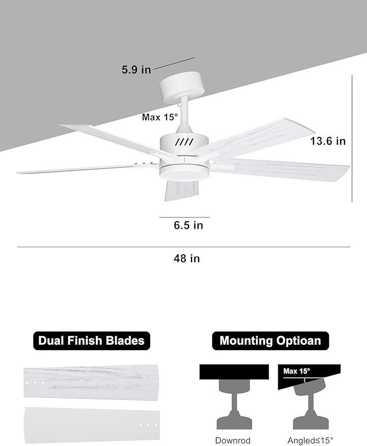 Ohniyou 48'' Ceiling Fans with Lights and Remote, 6 Speeds, 3 Colors & Dimmable LED Light, Silent DC Motor White Ceiling Fan for Living Room, Bedroom