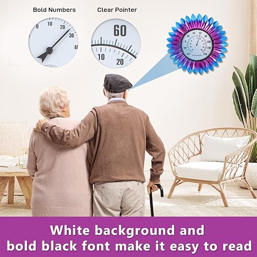 VEWOGITF Outdoor Thermometer, Metal Wall Themometer No Need Battery, Purple Blue Flower Indoor Thermometer with Large Number for Patio Room Decor