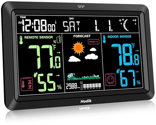 Weather Station Atomic Clock Indoor Outdoor Thermometer Wireless, Barometer Humidity Temperature Monitor Hygrometer with High Precision Sensor Black