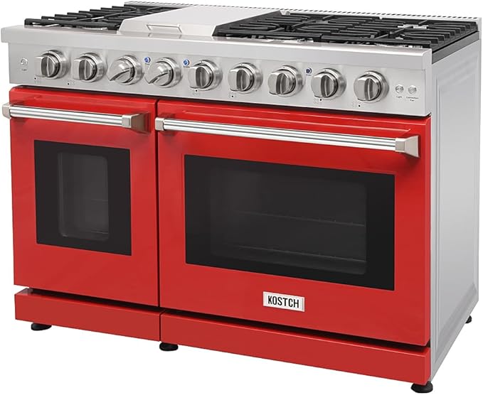 48 inch Pro-Style Natural Gas Range or Liquid Propane Gas Range with 6 Burners & 1 Griddle Cooktop, Double 4.6 cu. ft. and 2.2 cu. ft. Oven, in Stainless Steel - KOS-48RG03M (Red)