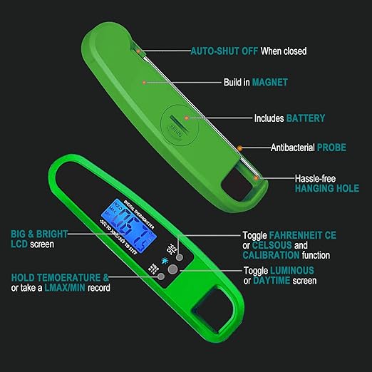 Instant Read Meat Thermometer for Kitchen Cooking, Ultra Fast Precise Waterproof Digital Food Thermometer with Backlight, Magnet and Foldable Probe for Deep Fry, Outdoor BBQ, Grill(Green)