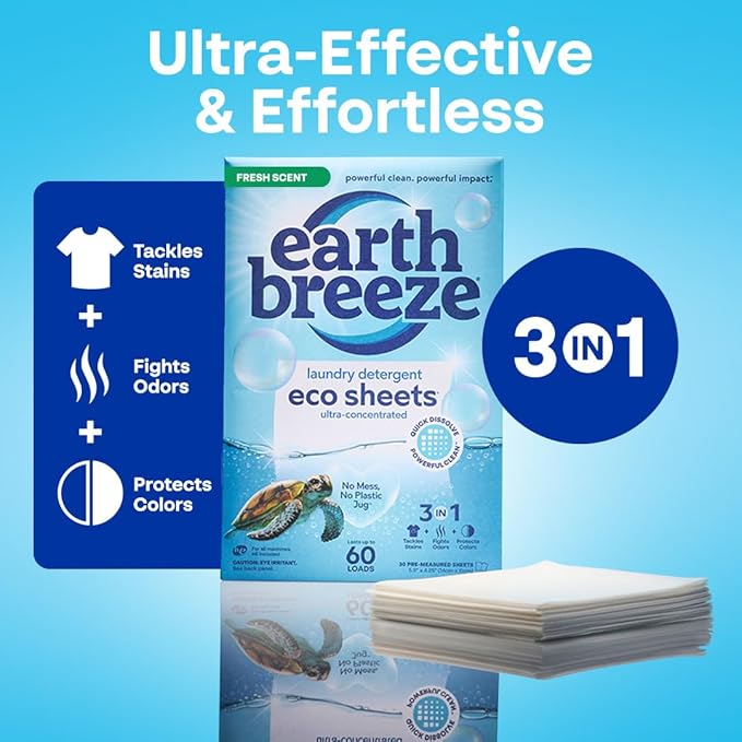 Earth Breeze Laundry Detergent Sheets Fresh Scent - 60 Loads Eco Liquidless Soap - Travel-Friendly for Hot & Cold Cycles, Tackles Tough Stains & Odors - Gentle on Skin, 30 Ct