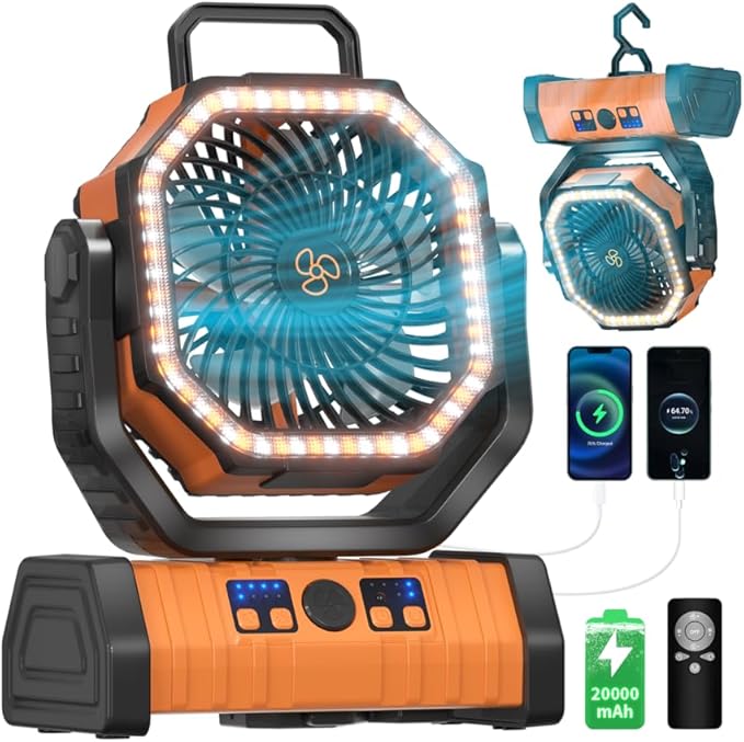 Battery Operated Fan Portable Battery Powered Camping Tent Fan with LED Lantern Light 20000mAh Rechargeable, Oscillating, 360° Rotating Hanging Hook, Cordless for Desk, Travel(Orange)