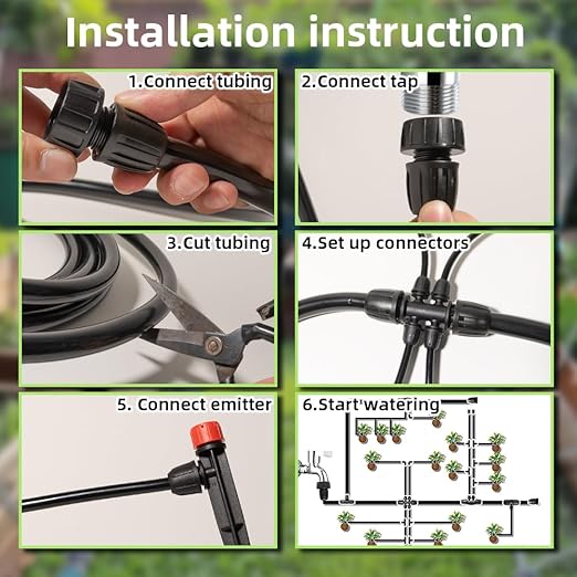 100Ft Drip Irrigation System Kit with Watering Kit Locked Fittings 360 Degree Micro Drip Sprayer Automatic Irrigation Equipment for Small Farm, Raised Bed 1/4 Inch 5/16 Inch Irrigation Tubing Hose