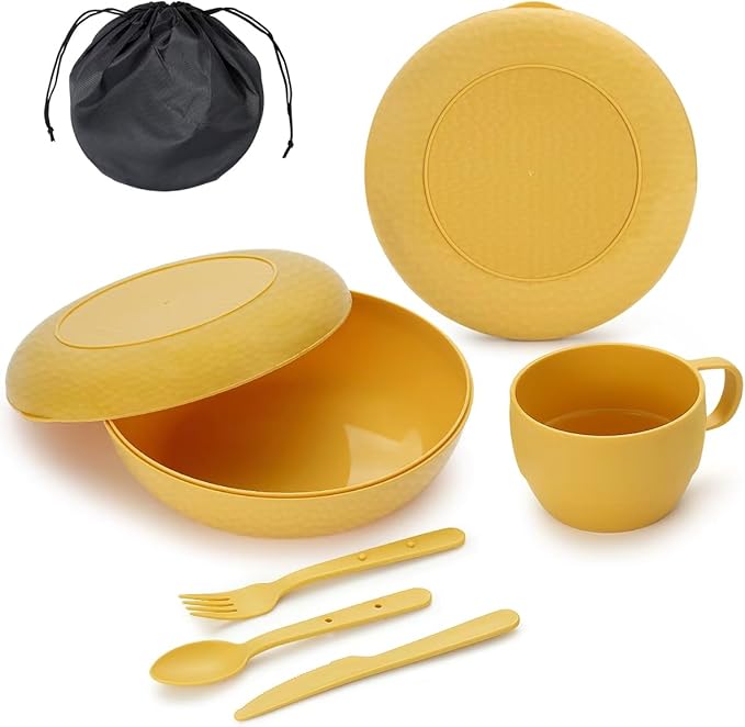 Berglander Camping Mess Kit with Bowl, Plate, Cup, Spoon, Fork, Knife and Carry Bag, Save Space, Easy to Carry, Plastic Camping Essentials Utensils for Travel, Picnic, Outdoor (Gold Yellow)
