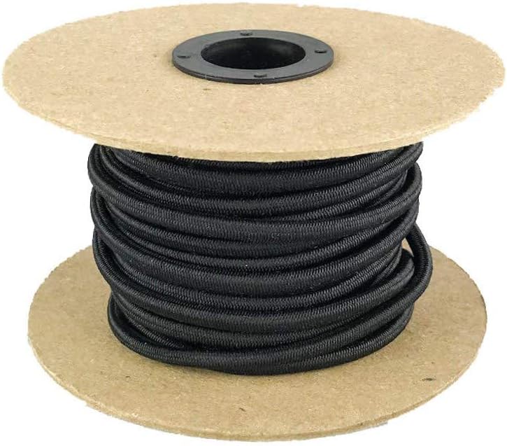 Elastic Bungee Cord. 3/16", 3/8", 1/4", 5/16", 1/8". 50 and 100 Foot Spools. Weather and Abrasion Resistant. Used for Tie Downs, Crafting, DIY Projects. Black Shock Cord. Made in The USA