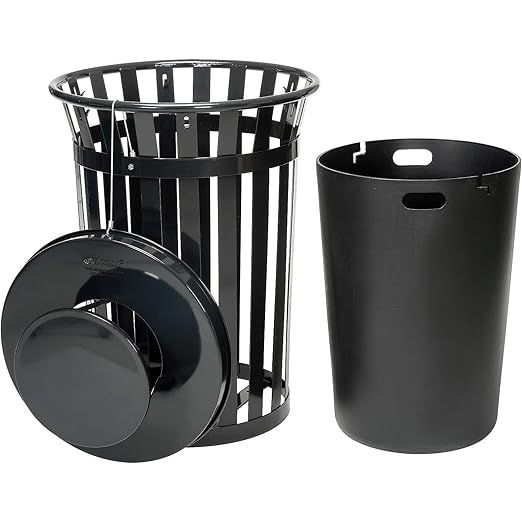 Global Industrial Heavy-Duty 36 Gallon Capacity Outdoor Metal Slatted Trash Receptacle with Rain Bonnet Lid & Plastic Liner, Black, Commercial & Industrial Trash Can