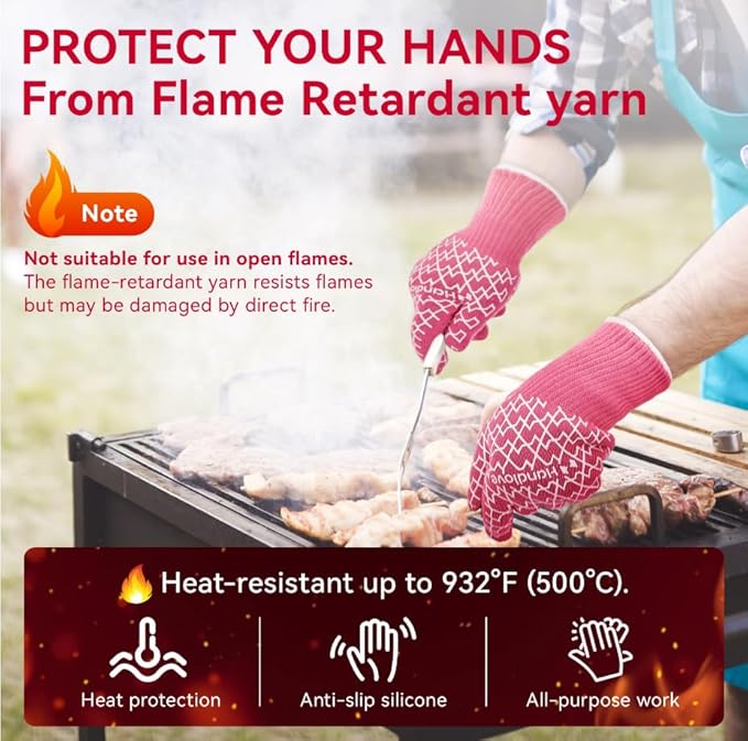 HandLove BBQ Gloves, Oven Gloves with Fingers – Heat Resistant Gloves for Grilling | Silicone Grip, Long Cuff Mitts - Kitchen & Outdoor Barbecue, Cooking, Baking, Pink L