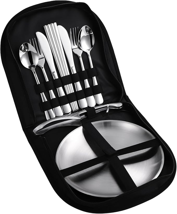 Stainless Steel Outdoor Camping Mess Kits - Includes Forks, Spoons, Knives, Chopsticks, Food Clip, Plates - Portable Cutlery Bag