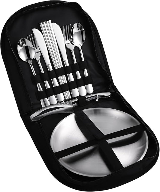Stainless Steel Outdoor Camping Mess Kits - Includes Forks, Spoons, Knives, Chopsticks, Food Clip, Plates - Portable Cutlery Bag