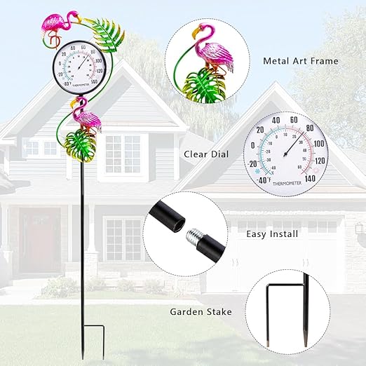 Outdoor Thermometer, No Battery Needed Outside Thermometer with Garden Stake, Flamingo Wall Thermometer for Yard Patio Decor