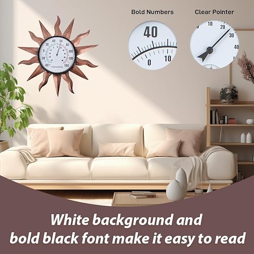 VEWOGITF 14" Sun Outdoor Thermometer, Retro Indoor Wall Thermometer No Need Battery, Metal Thermomter for Patio Garden Living Room Decor