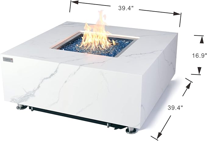 Elementi+ | Bianco Gas Fire Pit | Marble Porcelain & Metal Frame | 40" Square Fire Table | Electronic Ignition | Canvas Cover, Fire Glass & Burner Lid Included | White | Natural Gas