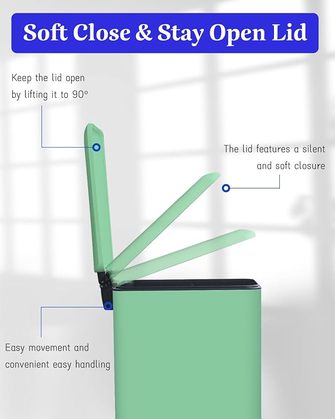 Bathroom Trash Can with Lid，5 Liter / 1.3 Gallon Small Trash Can with Removable Liner Bucket, Soft Close lid & Step Pedal, Stainless Steel Trash Bin for Bathroom,Bedroom,Home Office, Green