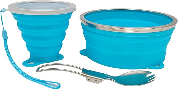 Mess Kit for Camping Silicone Collapsible Bowl Collapsible Cup and Stainless Steel Spoon for Backpacking Outdoor Hiking Traveling and Picnic